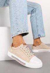 Beżowe Płaskie Trampki ze Skóry Naturalnej ze Skórzaną Wkładką i Ozdobnym Noskiem Milili. Brązowe trampki Renee, bez wzorów, z jeansu, klasyczne, bez zapięcia. Za 169.99 zł.