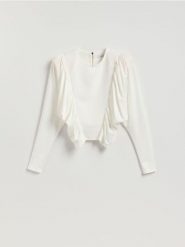 Bluzka z poduszkami na ramionach - biały. Białe bluzki Reserved, l, bez wzorów, z tkaniny, bez kołnierzyka, bez ramiączek. Za 139.99 zł.