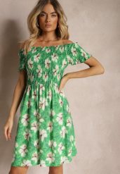 Zielona Rozkloszowana Sukienka Hiszpanka z Gumką w Talii w Kwiaty Nametris. Zielone sukienki Renee, s, bez wzorów, z materiału, bez kołnierzyka, bez ramiączek, mini, rozkloszowane. W wyprzedaży za 39.99 zł.