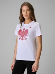4F Koszulka kibica damska - biała XS. Białe t-shirty sportowe 4f, l, bez wzorów, z bawełny, bez ramiączek. Za 79.99 zł.