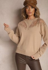Ciemnobeżowy Sweter Ozdobiony Koralikami Cekinami Perełkami i Siateczkowymi Wstawkami Evathraea. Brązowe swetry Renee, l, z aplikacjami, casualowe, bez ramiączek. W wyprzedaży za 111.99 zł.