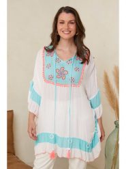 Curvy Lady Tunika w kolorze biało-niebieskim rozmiar: 44/46. Białe tuniki Curvy Lady, bez wzorów, z wiskozy, klasyczne, bez kołnierzyka, bez ramiączek. Za 92.21 zł.