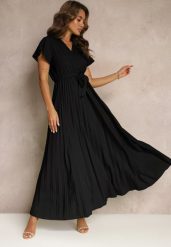 Czarna Koktajlowa Maxi Sukienka Ozdobiona Plisami z Trójkątnym Dekoltem i Wiązaniem w Talii Phoelia. Czarne sukienki Renee, na imprezę, m, bez wzorów, eleganckie, bez kołnierzyka, bez ramiączek, maxi. W wyprzedaży za 55.99 zł.