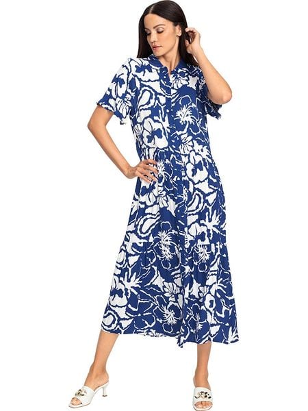 Heine Sukienka w kolorze niebiesko-białym rozmiar: 38. Niebieskie sukienki Heine, na co dzień, bez wzorów, z wiskozy, bez kołnierzyka, bez ramiączek, maxi, proste. Za 109.26 zł.