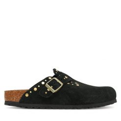 Klapki Birkenstock. Czarne klapki Birkenstock, bez wzorów, bez obcasa, bez zapięcia. Za 649.99 zł.