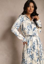 Biało-Niebieska Koszula z Wiskozą i Kwiatowym Wzorem Fenellea. Białe koszule Renee, l, bez wzorów, z jeansu, eleganckie, bez kołnierzyka, bez ramiączek. W wyprzedaży za 83.99 zł.