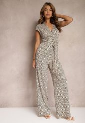 Beżowo-Czarny Kombinezon z Dodatkiem Wiskozy z Wiązaniem w Talii w Geometryczny Wzór Trosofia. Brązowe kombinezony Renee, l, bez wzorów, z wiskozy, eleganckie, bez kołnierzyka, bez ramiączek. Za 149.99 zł.