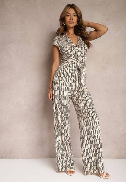 Beżowo-Czarny Kombinezon z Dodatkiem Wiskozy z Wiązaniem w Talii w Geometryczny Wzór Trosofia. Brązowe kombinezony Renee, l, bez wzorów, z wiskozy, eleganckie, bez kołnierzyka, bez ramiączek. Za 149.99 zł.