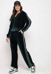 Zielony Welurowy Komplet Dresowy z Ozdobnym Lampasem Bluza ze Stójką i Proste Spodnie Seralina. Zielone bluzy Born2be, l, bez wzorów, z dresówki, bez ramiączek, bez kaptura. W wyprzedaży za 101.99 zł.