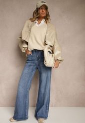Niebieskie Jeansy High Waist z Szeroką Nogawką Elzaria. Niebieskie jeansy Renee, bez wzorów, z jeansu, eleganckie, z podwyższonym stanem. Za 119.99 zł.