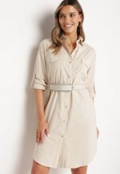 Beżowa Sukienka o Koszulowym Fasonie z Paskiem z Cyrkoniami w Komplecie Iosali. Brązowe sukienki Born2be, l, bez wzorów, eleganckie, bez kołnierzyka, bez ramiączek, midi, kopertowe. W wyprzedaży za 110.49 zł.