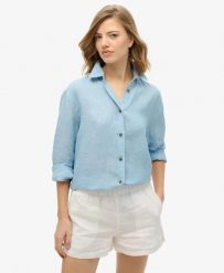 Superdry Koszula Boyfriend Casual z Lnu - Sea Blue Chambray. Niebieskie koszule Superdry, bez wzorów, ze lnu, casualowe, bez kołnierzyka, bez ramiączek. Za 345.20 zł.
