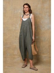 Fleur de Lin Lniane ogrodniczki "Bridget" w kolorze khaki rozmiar: XL. Brązowe kombinezony Fleur de Lin, xl, bez wzorów, ze lnu, bez kołnierzyka, bez ramiączek. Za 167.28 zł.
