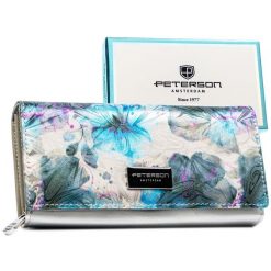 Duży portfel damski odszyty z wielokolorowej skóry naturalnej i ekologicznej, zamykany na zatrzask PTN PX20-1-NPK Peterson. Portfele Peterson, bez wzorów, ze skóry. Za 124.99 zł.
