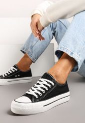 Czarno-Białe Klasyczne Sznurowane Trampki na Grubej Podeszwie Ravarella. Czarne trampki Born2be, bez wzorów, z materiału, klasyczne, bez zapięcia. Za 69.99 zł.