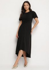 Czarna Rozkloszowana Sukienka Ozdobiona Marszczeniem Odallica. Czarne sukienki Born2be, m, bez wzorów, eleganckie, bez kołnierzyka, bez ramiączek, maxi, rozkloszowane. W wyprzedaży za 63.74 zł.