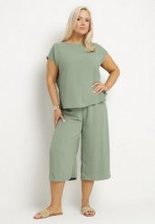 Jasnozielony Komplet Bluzka i Szerokie Spodnie Jenoretia. Zielone bluzki Born2be, xl, bez wzorów, eleganckie, bez kołnierzyka, bez ramiączek. Za 119.99 zł.