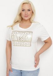 Biały Bawełniany T-shirt z Ozdobnym Napisem Floerin. Białe t-shirty Born2be, xl, z aplikacjami, z bawełny, eleganckie, bez kołnierzyka, bez ramiączek. Za 49.99 zł.