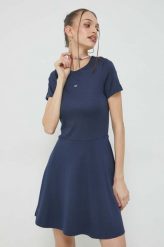 Tommy Jeans sukienka kolor granatowy mini rozkloszowana. Niebieskie sukienki Tommy Jeans, l, z aplikacjami, z dzianiny, bez kołnierzyka, bez ramiączek, mini, dopasowane. Za 359.99 zł.