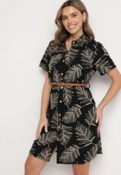 Czarna Koszulowa Sukienka z Bawełny w Liście z Paskiem Eveledia. Czarne sukienki Born2be, na co dzień, l, bez wzorów, z bawełny, eleganckie, bez kołnierzyka, bez ramiączek, midi, koszulowe. W wyprzedaży za 84.99 zł.