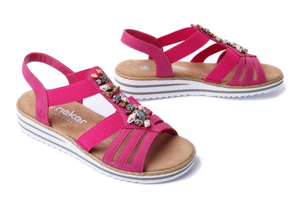 RIEKER V0649-31 other colours, sandały damskie. Czerwone sandały Rieker, bez wzorów, bez obcasa, na koturnie, bez zapięcia. Za 299.90 zł.