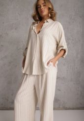 Jasnobeżowy Komplet z Wiskozy i Lnu w Delikatne Prążki Koszula i Spodnie Wide Leg Cliffesa. Brązowe koszule Renee, l, bez wzorów, ze lnu, bez kołnierzyka, bez ramiączek. Za 209.99 zł.