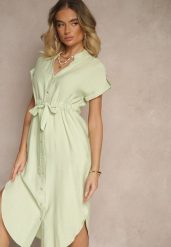 Zielona Koszulowa Rozkloszowana Sukienka z Wiskozy z Paskiem Katilene. Zielone sukienki Renee, na co dzień, l, bez wzorów, z wiskozy, eleganckie, bez kołnierzyka, bez ramiączek, midi, koszulowe. Za 119.99 zł.