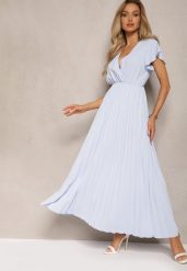 Jasnoniebieska Plisowana Sukienka Maxi o Rozkloszowanym Kroju z Kopertowym Dekoltem Ofilva. Niebieskie sukienki Renee, l, bez wzorów, eleganckie, bez kołnierzyka, bez ramiączek, maxi, kopertowe. W wyprzedaży za 48.99 zł.
