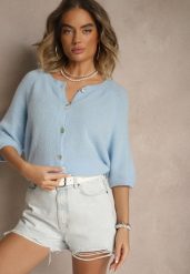 Jasnoniebieski Kardigan z Rękawem 3/4 z Dodatkiem Wełny Iffarisse. Niebieskie swetry Renee, bez wzorów, z jeansu, eleganckie, bez ramiączek. W wyprzedaży za 151.99 zł.