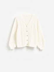Kardigan z domieszką wełny - złamana biel. Swetry Reserved, l, bez wzorów, z bawełny, bez ramiączek. Za 199.99 zł.