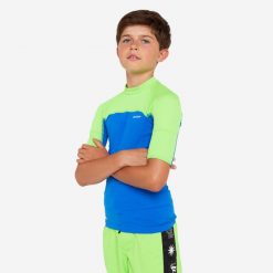 Top UV surfingowy dla dzieci Olaian 500. Niebieskie topy OLAIAN, s, bez wzorów, z dzianiny, sportowe, bez kołnierzyka, bez ramiączek. Za 59.99 zł.