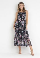 Czarna Sukienka Aegerios. Czarne sukienki Born2be, l, bez wzorów, z tkaniny, bez kołnierzyka, bez ramiączek, maxi, rozkloszowane. Za 259.99 zł.