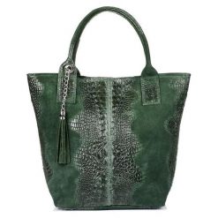 Shopper bag skórzany c. zielony croco L94. Zielone shopper bag z aplikacjami, z materiału, małe, zamszowe, bez dodatków. Za 229.99 zł.