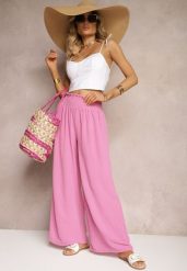 Różowe Spodnie High Waist z Szerokimi Nogawkami i Gumką w Pasie Risabessa. Czerwone jeansy Renee, m, bez wzorów, z jeansu, eleganckie, z podwyższonym stanem. W wyprzedaży za 39.99 zł.