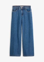 Lekkie jeansy wide leg, mid waist, cropped. Niebieskie jeansy bonprix, bez wzorów, z jeansu. Za 119.99 zł.