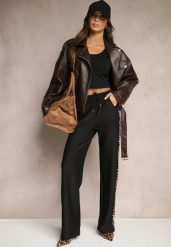 Czarne Szerokie Spodnie Dresowe z Lampasami w Panterkowy Print Haniseth. Czarne jeansy Renee, bez wzorów, z dresówki, eleganckie. W wyprzedaży za 43.99 zł.