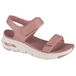 Sandały damskie, Arch Fit-Touristy. Czerwone sandały Skechers, bez wzorów, bez obcasa, bez zapięcia. Za 335.95 zł.