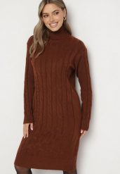 Brązowa Pudełkowa Sukienka Sweterkowa z Bawełną Wełną i Golfem Ozdobiona Splotem Teraline. Brązowe sukienki Born2be, na co dzień, uniwersalny, bez wzorów, z bawełny, klasyczne, bez kołnierzyka, bez ramiączek, midi. Za 59.99 zł.