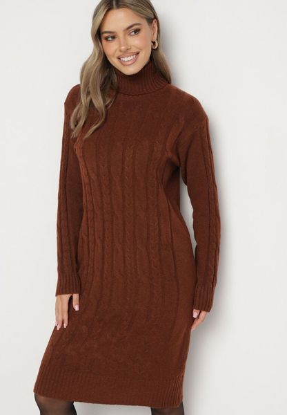 Brązowa Pudełkowa Sukienka Sweterkowa z Bawełną Wełną i Golfem Ozdobiona Splotem Teraline. Brązowe sukienki Born2be, na co dzień, m, bez wzorów, z bawełny, klasyczne, bez kołnierzyka, bez ramiączek, midi. Za 69.99 zł.