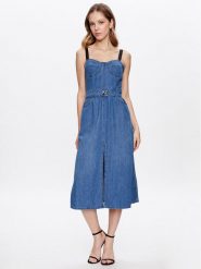 Pinko Sukienka jeansowa Attaccante PE 23 PDEN 100700 A0ML Niebieski Regular Fit. Niebieskie sukienki Pinko, bez wzorów, z bawełny, bez kołnierzyka, bez ramiączek. Za 1,829.00 zł.