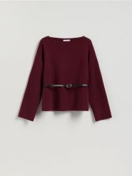 Sweter z paskiem - bordowy. Czerwone swetry Reserved, l, bez wzorów, z dzianiny, bez ramiączek. Za 139.99 zł.