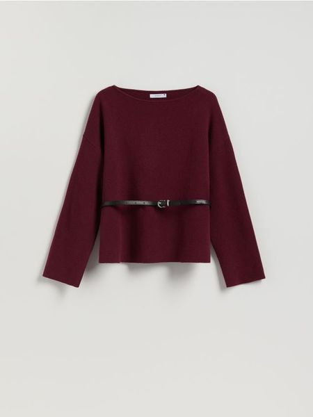 Sweter z paskiem - bordowy. Czerwone swetry Reserved, l, bez wzorów, z dzianiny, bez ramiączek. W wyprzedaży za 55.99 zł.