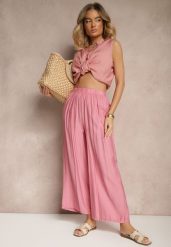 Różowe Spodnie Palazzo o Szerokim Kroju High Waist Lislevia. Czerwone jeansy Renee, l, bez wzorów, z jeansu, eleganckie, z podwyższonym stanem. W wyprzedaży za 29.99 zł.
