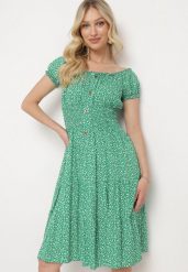 Zielona Bawełniana Sukienka w Drobne Kwiaty z Gumkami w Talii Fielita. Zielone sukienki Born2be, na spotkanie biznesowe, s, bez wzorów, z bawełny, eleganckie, bez kołnierzyka, bez ramiączek, mini. W wyprzedaży za 38.24 zł.