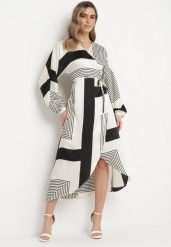 Beżowo-Czarna Sukienka Kopertowa Kimono z Geometrycznym Wzorem i Wiązanym Paskiem Klerossa. Brązowe sukienki Born2be, l, bez wzorów, bez kołnierzyka, bez ramiączek, midi, kopertowe. W wyprzedaży za 111.99 zł.