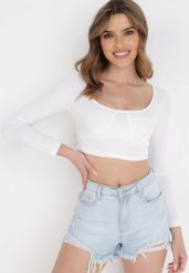 Biała Bluzka Teofistos. Białe bluzki Born2be, s, bez wzorów, z dzianiny, wizytowe, bez kołnierzyka, bez ramiączek. Za 69.99 zł.