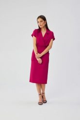 Elegancka sukienka z kołnierzem śliwkowa. Sukienki Stylove, do pracy, s, bez wzorów, z elastanu, biznesowe, bez kołnierzyka, bez ramiączek, midi, dopasowane. Za 349.00 zł.
