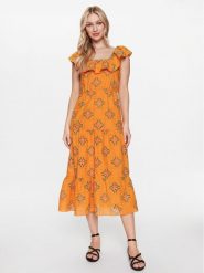 NAF NAF Sukienka Lilia XENR84 Pomarańczowy Regular Fit. Brązowe sukienki NAF NAF, bez wzorów, z syntetyku, bez kołnierzyka, bez ramiączek. Za 269.99 zł.