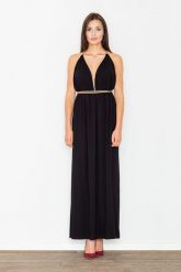 Czarna Elegancka Maxi Sukienka z Ozdobnym Złotym Sznurkiem. Czarne sukienki Figl, l, bez wzorów, z elastanu, eleganckie, bez kołnierzyka, bez ramiączek, maxi. Za 289.00 zł.