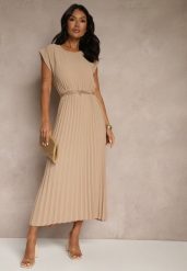 Beżowa Sukienka Ozdobiona Plisami Mavellea. Brązowe sukienki Renee, na co dzień, bez wzorów, eleganckie, bez kołnierzyka, bez ramiączek, maxi, proste. W wyprzedaży za 67.99 zł.